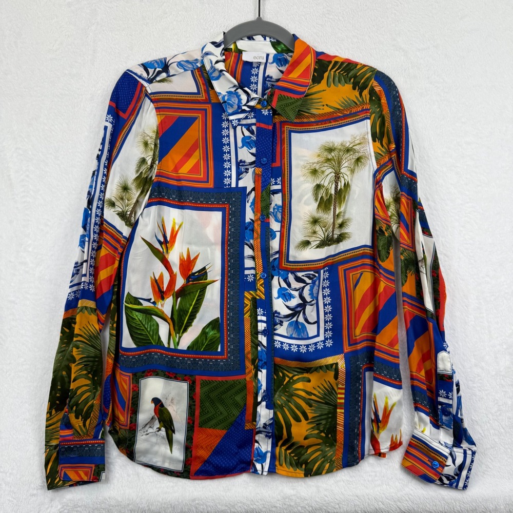 Ecru Womens Small Button Down Shirt Colorful Tropical Bird Floral Print